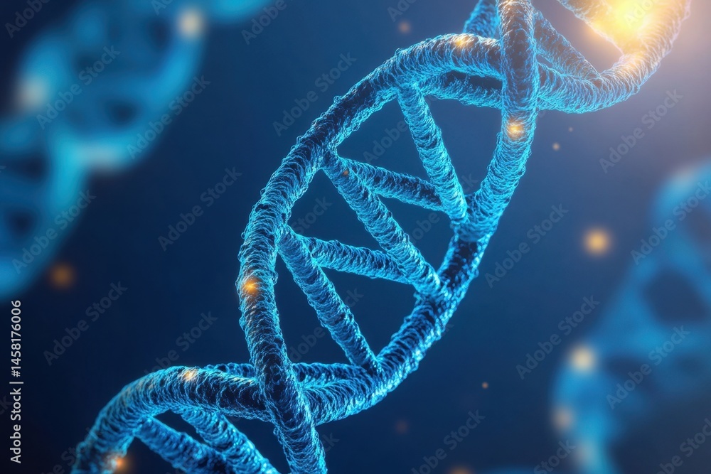 Poster exploring the complexities of dna strands through data processing on a blue background, dna strand o