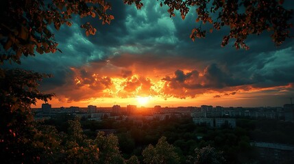 fire in the forestA dramatic sunset over the city skyline, with dark storm clouds and orange rays of light piercing through them.
