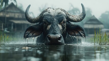 Obraz premium Water Buffalo in a Misty Rural Setting