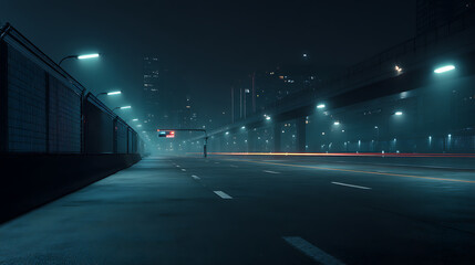 Dark asphalt street at night in empty futuristic city