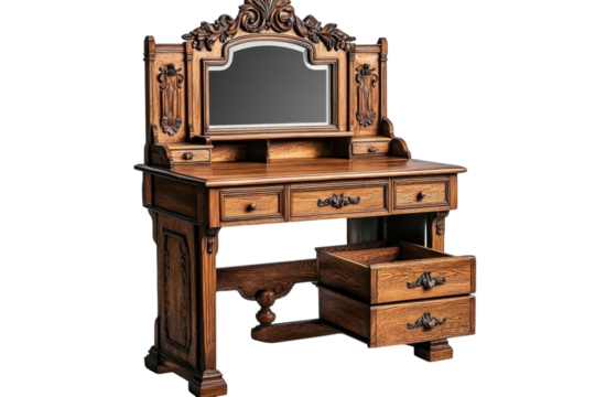 Exquisite hand carved antique vanity with mirror intricate details rich dark wood and open drawers on transparent background
