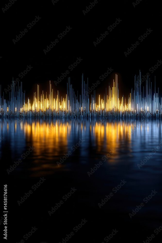 Poster abstract soundscape visualization with vibrant reflections in a dark environment, illustrating the f