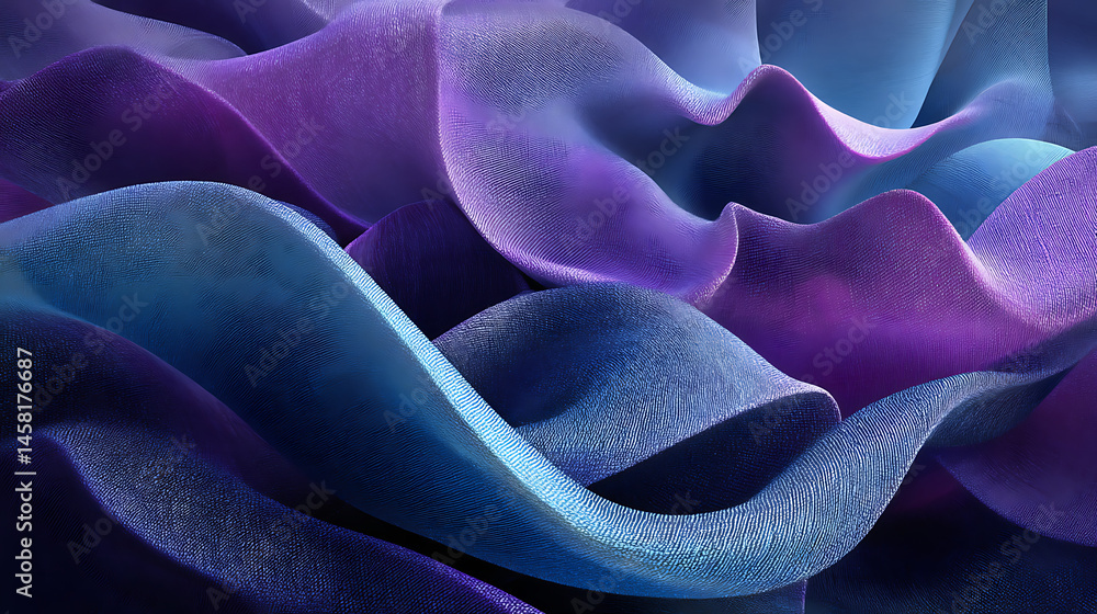 Poster an artistic background featuring a silk fabric, like texture and a 3d wave pattern in shades of purp