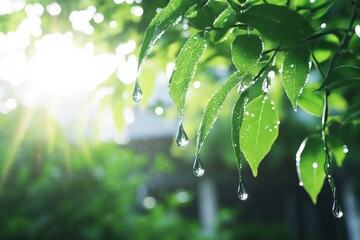Fototapeta premium Dew drops on lush green leaves bathed in sunlight