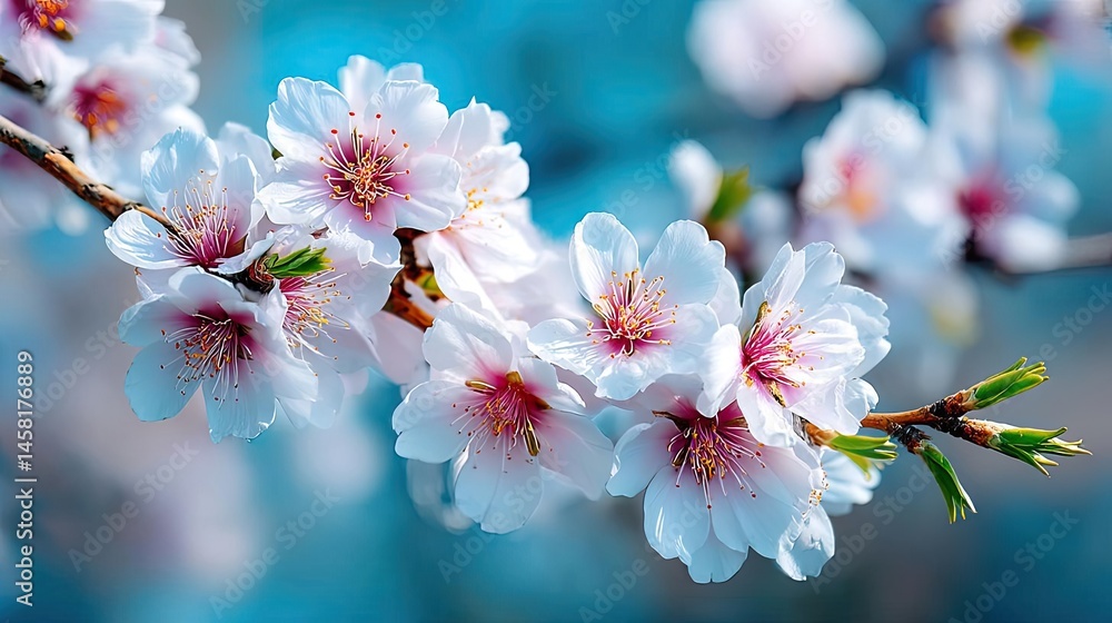 Poster blossoming apricot tree branches with springtime blue background concept. delicate cherry blossoms i