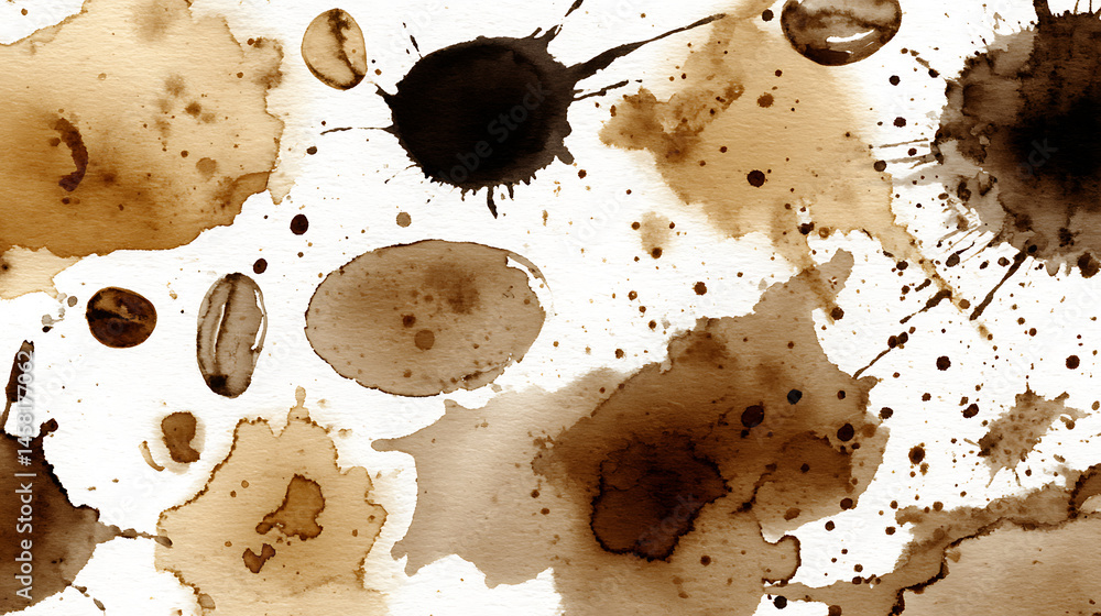 Poster assorted coffee stains on white background depicting various brown tones and splashes