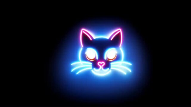 neon cat icon with beautiful colors twinkling on black screen