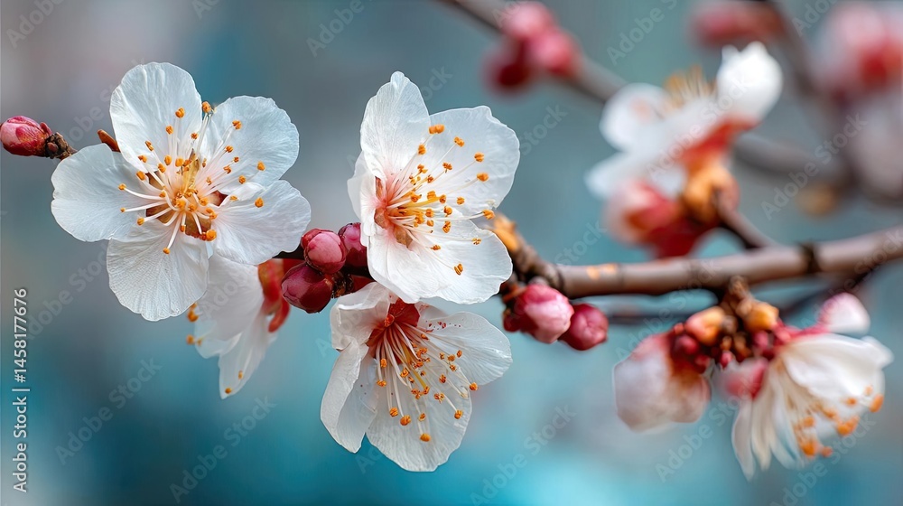 Poster blossoming apricot tree branches with springtime blue background concept. delicate cherry blossom fl