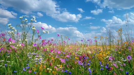 Beautiful bright colorful summer spring natural rural pastoral landscape with meadow herbs and flowers against a blue sky with clouds on a clear sunny day
