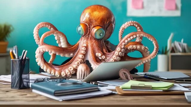 Multitasking octopus masters office chaos with effortless efficiency