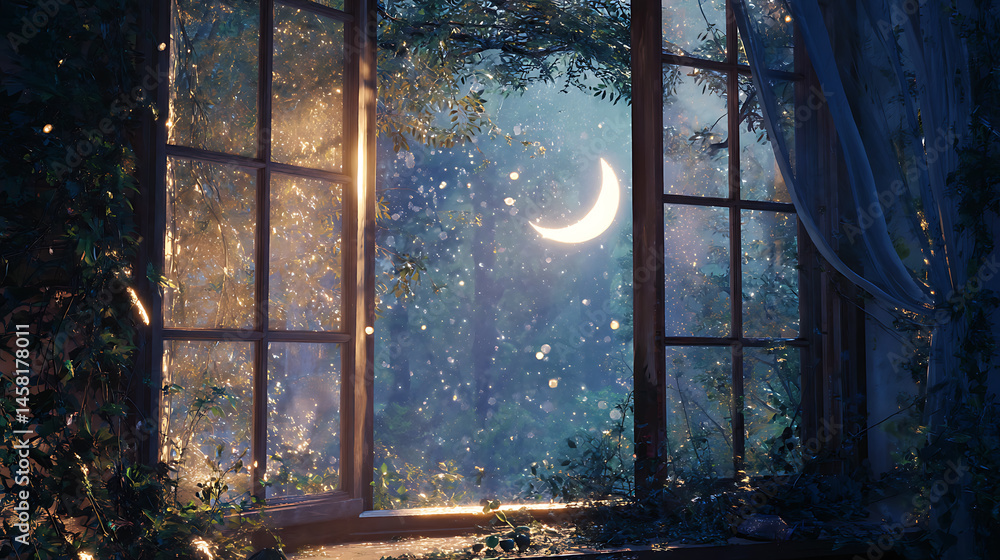 Poster enchanting scene of moonlight casting magic glow on window
