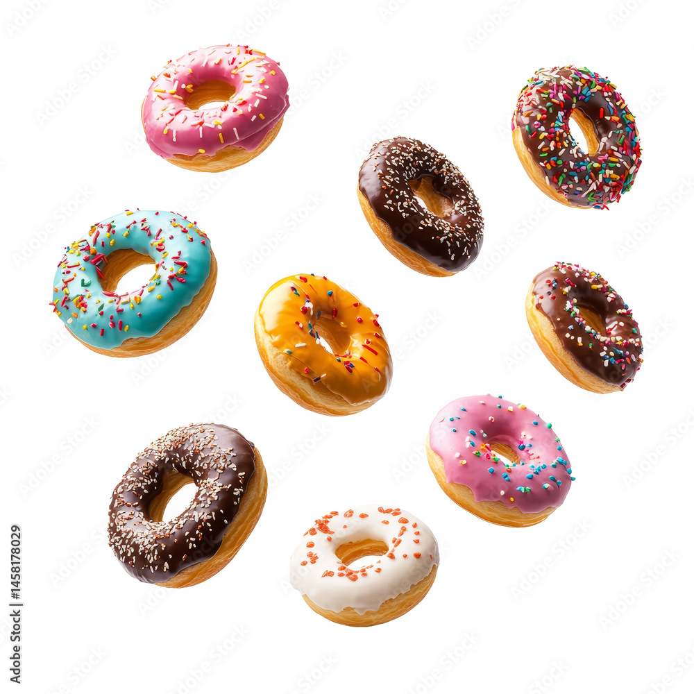 Poster colorful donuts floating in the air with vibrant toppings and sprinkles against a transparent backdr