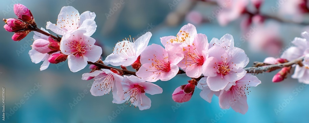 Poster blossoming apricot tree branches with springtime blue background concept. beautiful cherry blossom b