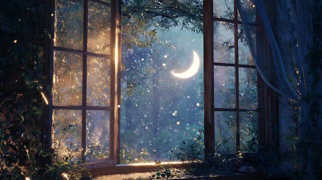 Enchanting scene of moonlight casting magic glow on window