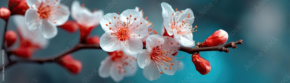 Poster blossoming apricot tree branches with springtime blue background concept. delicate cherry blossoms b