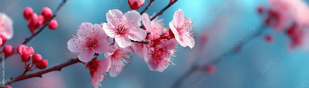 Poster blossoming apricot tree branches with springtime blue background concept. beautiful pink blossoms on