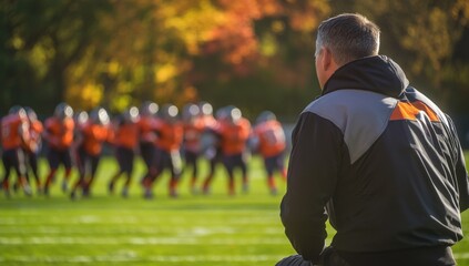 Football coach watches his team practice on a sunny fall day on a green playing field