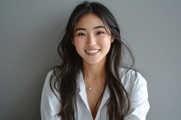 Obraz premium Smiling Asian doctor engaging in conversation at a modern clinic during daylight hours, Pretty smiling Asian doctor talking something at the camera in the grey studio