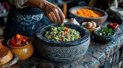 Fototapeta premium Hand adding garnish to guacamole