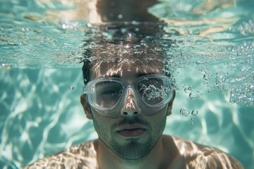 Fototapeta premium Bubbles rising to the surface as a diver focuses underwater in slow motion, Underwater slow motion bubbles moving to surface in turquoise crystal clear pool