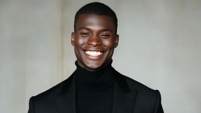 A man in a black suit and a black sweater is standing in front of a wall. The man is wearing a tie and has a beard. Concept of formality and elegance
