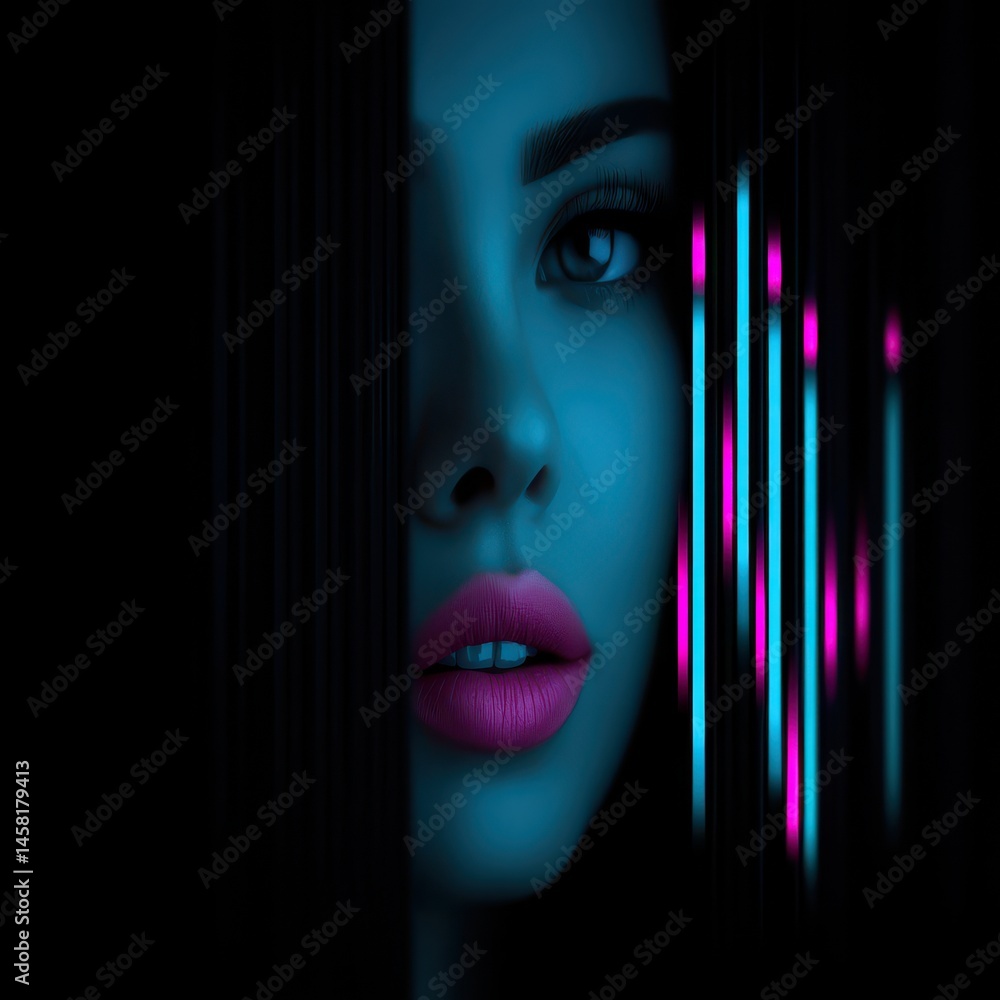 Aufkleber mysterious musician embraced by neon soundscape with double exposure effect creating a captivating b