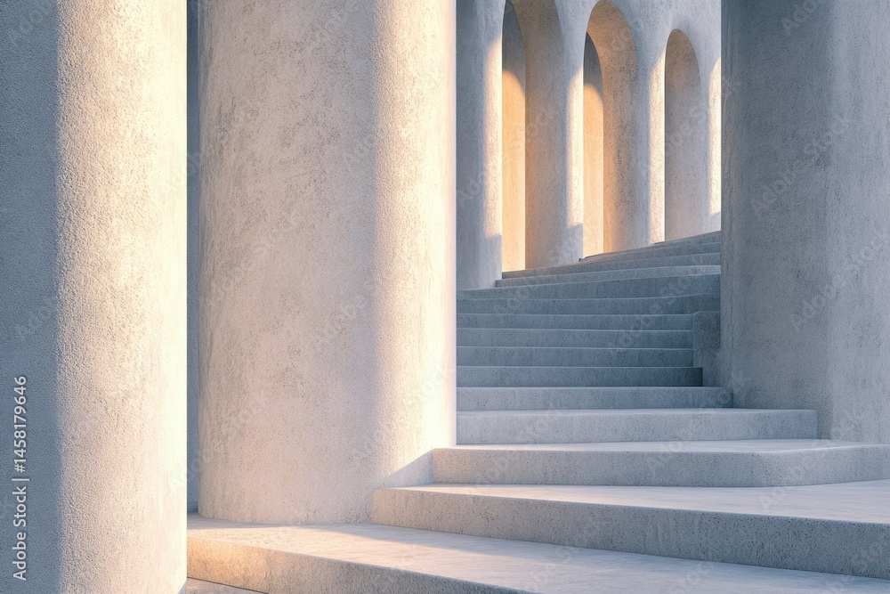 Aufkleber sunlit stone staircase ascending between large, pale columns, creating a serene and minimalist archi