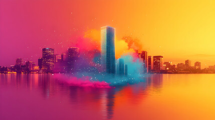 Fototapeta premium Vibrant city skyline at sunset, a tall building is dramatically showcased with colorful, explosive particles emanating from its base, reflected in calm water