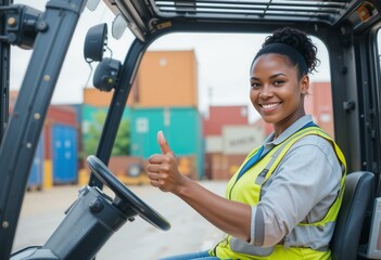 Female forklift operator in high-visibility vest, confident pose in logistics center.
