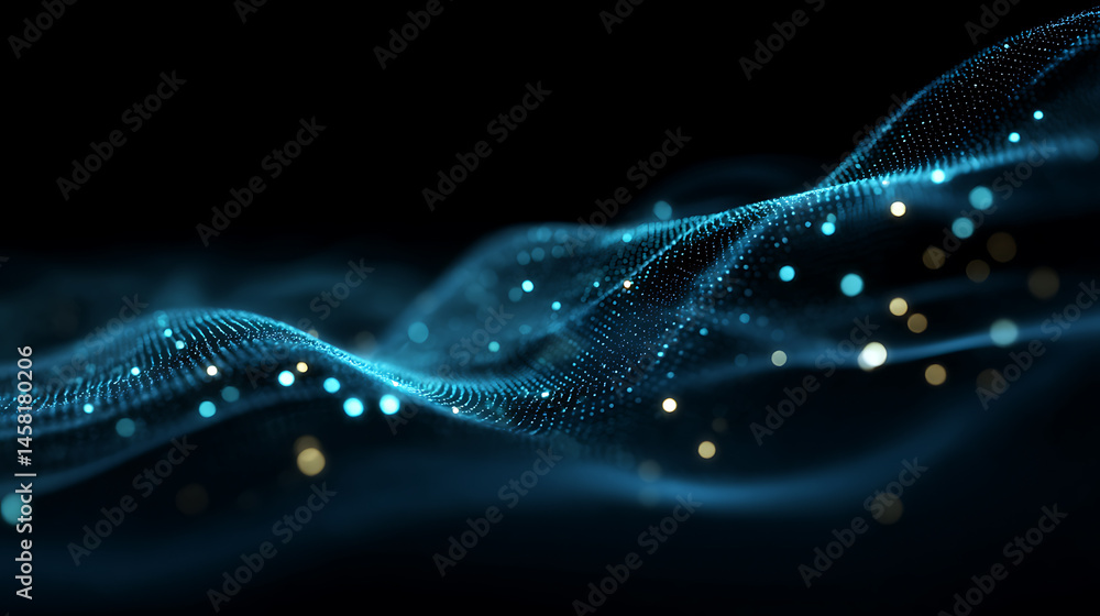 Poster blue technology waves with glowing dots on dark background
