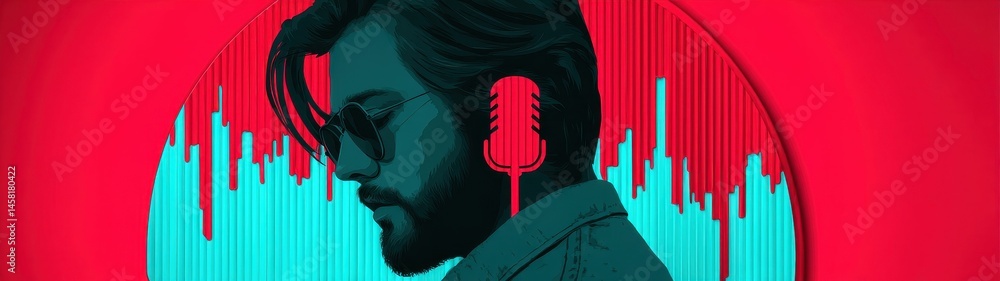 Poster dynamic soundscape illustration featuring a musician profile with double exposure effect and colorfu