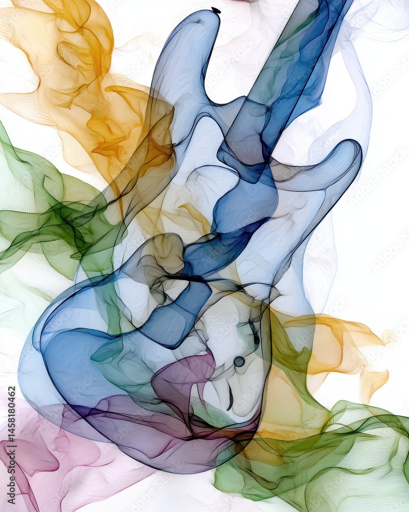 Poster artistic soundscape with double exposure of guitar and intricate wave patterns in vibrant colors