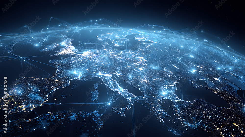 Poster global network concept with connections between major cities on blue digital map
