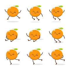 Cute Smiling Orange Character. Kawaii Orange Fruit Mascot Style Vector. Cute vector character set in various action emotions. Collection symbols isolated on a white background