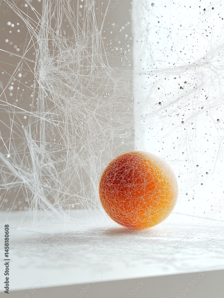 Poster glowing orange sphere floating on white digital network with glitch effects, cosmic window revealing