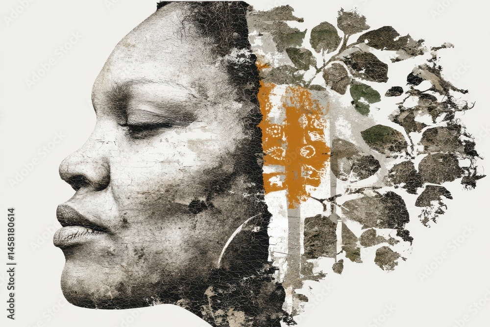 Poster artistic double exposure of a musician’s profile blending with nature elements in a unique soundscap