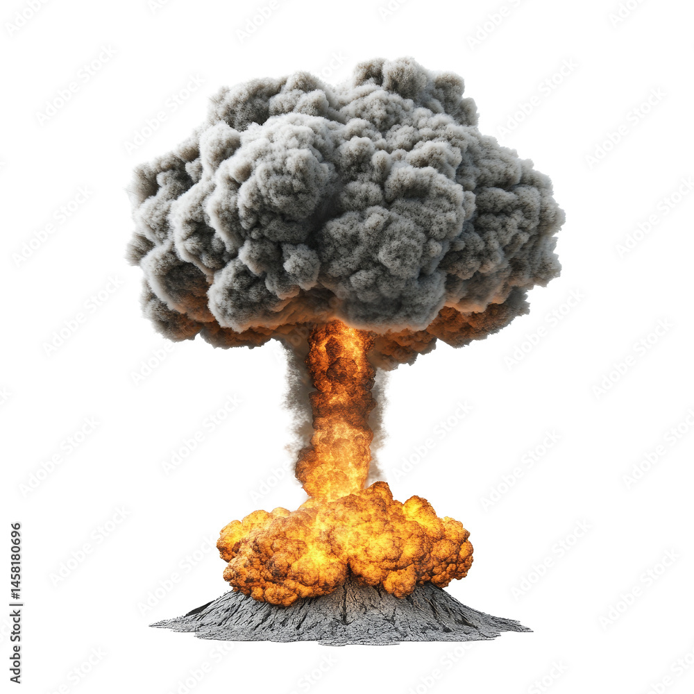Poster nuclear explosion with a massive mushroom cloud rising above the ground during a test in a remote lo
