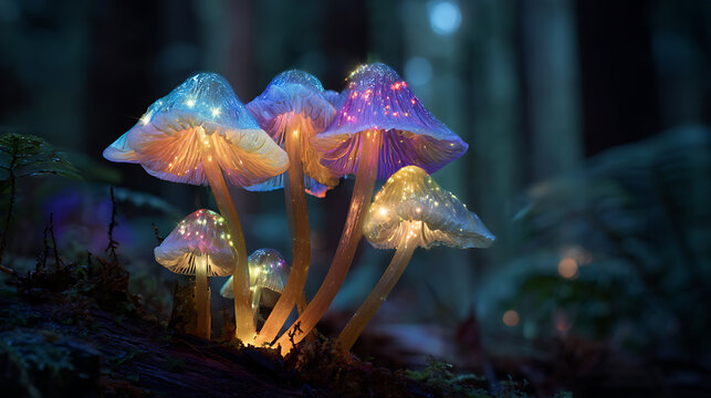 Glowing psychedelic mushrooms at night in forest