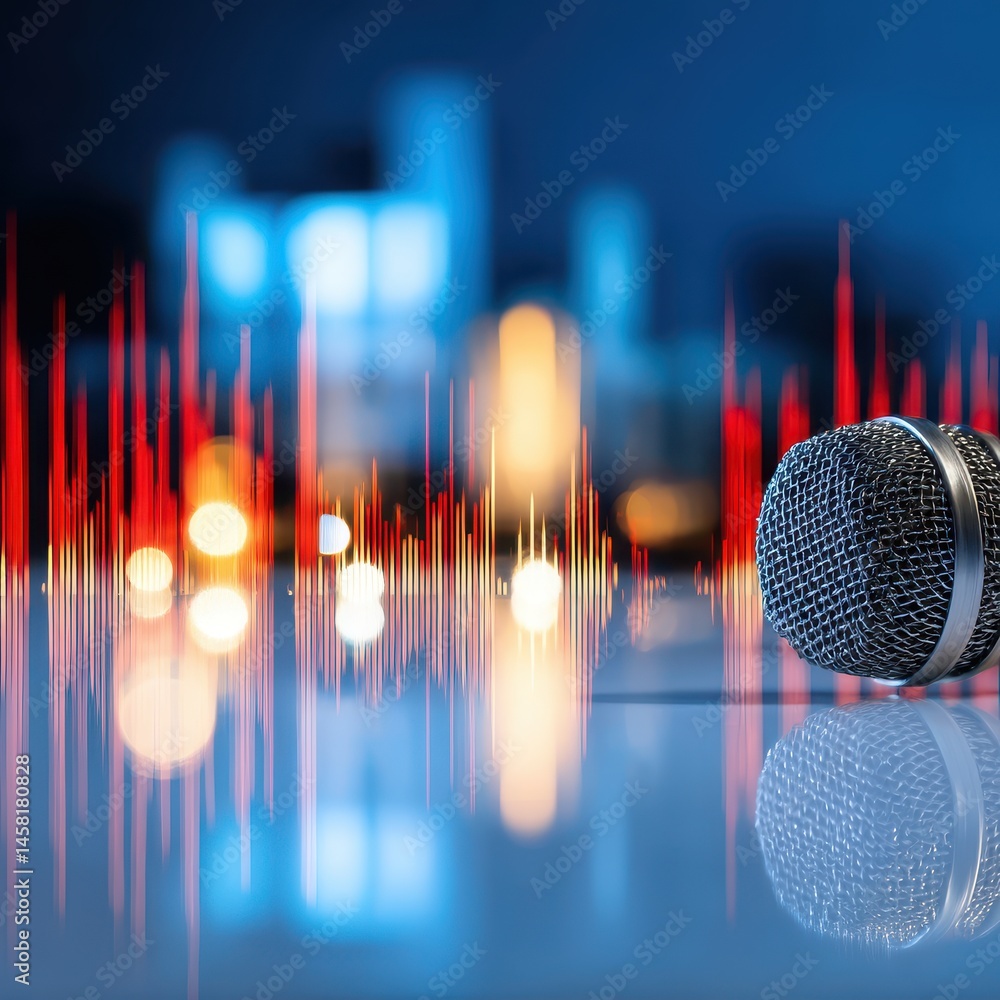 Poster abstract soundscape featuring microphone surrounded by vibrant visual elements illustrating audio an