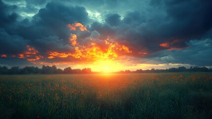A dramatic sunset over an open field, with dark storm clouds and rays of golden light piercing through the sky.