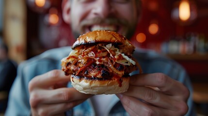 Hearty Pulled Pork Burger with a Happy Diner: A Delicious and Satisfying Meal Experience






