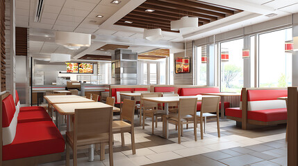 Clean empty fast food restaurant chain interior design