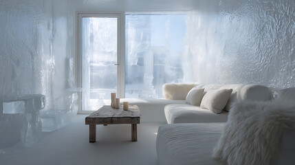 Fototapeta premium Cold frozen ice in scandinavian living room as winter concept
