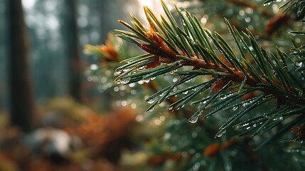 Dewy pine branch in forest