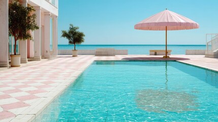 Pink summer vacation by the pool with pastel umbrella concept. A serene poolside scene with a pink umbrella and clear waters.