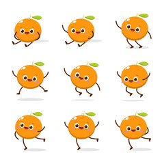 Cute Smiling Orange Character. Kawaii Orange Fruit Mascot Style Vector. Cute vector character set in various action emotions. Collection symbols isolated on a white background