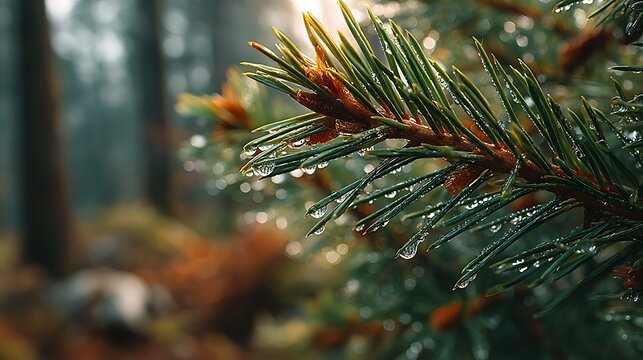 Dewy pine branch in forest