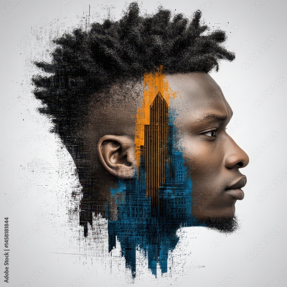 Poster artistic double exposure of a musician's profile blending soundscape and urban elements in a unique 