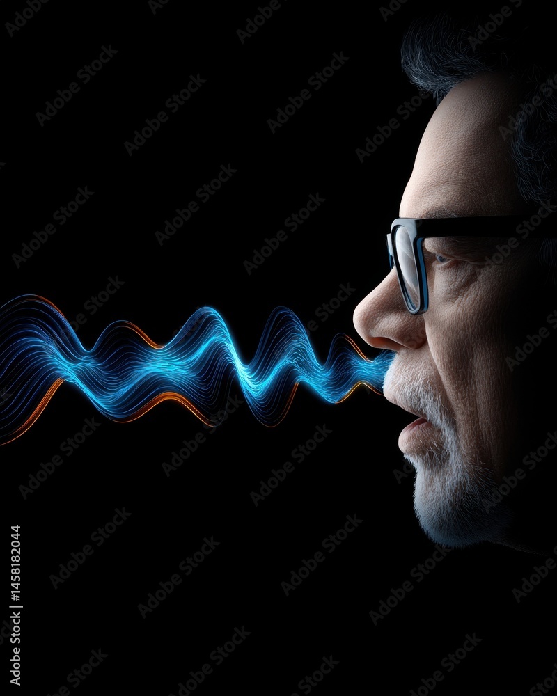 Poster creative soundscape double exposure of musician's profile with vibrant wave patterns emphasizing sou