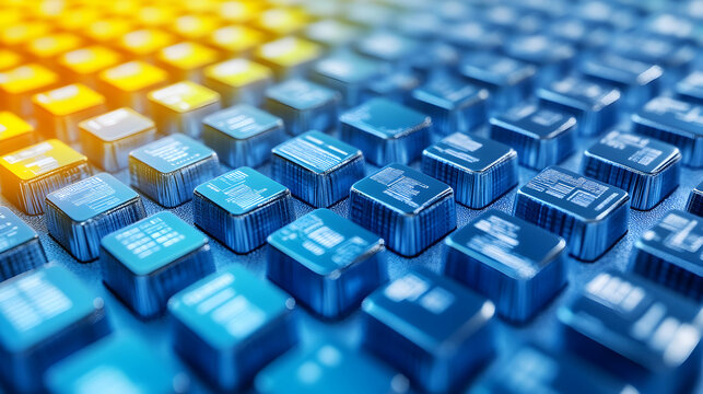 Abstract grid of glossy blue cubes, each displaying a miniature app icon, transitioning from orange to blue hues